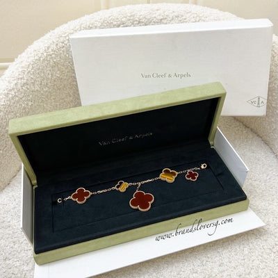 Van Cleef & Arpels VCA Magic Alhambra 5 Motifs Bracelet with Tiger Eye and Carnelian and 18K GHW (10 extra links)(Ref: VCARN5JQ00)