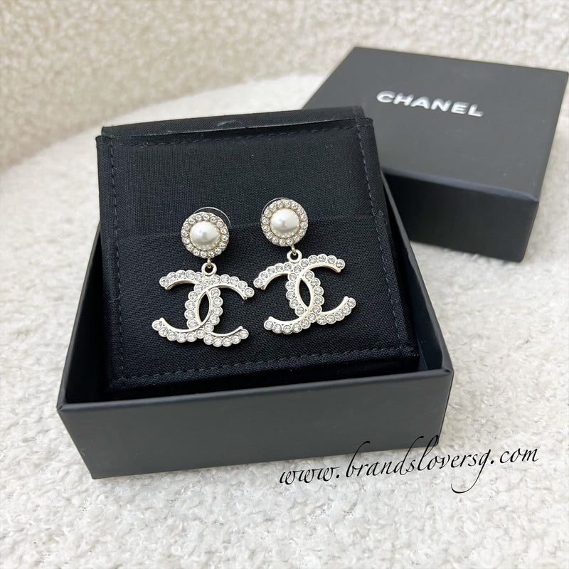 Chanel 20B Medium CC Logo Dangling Earrings with Diamantes and Pearls LGHW