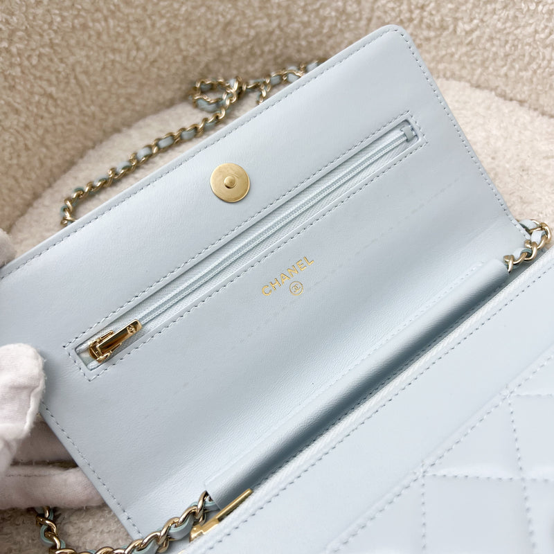 Chanel 24P Wallet on Chain with Pearl CC Logo in Baby Blue Glossy Lambskin and LGHW