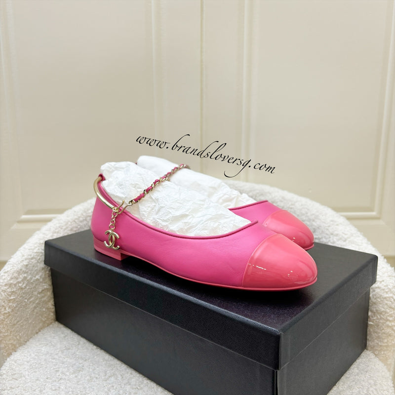 Chanel Ballerina Pumps in Hot Pink Lambskin and Patent Leather with Chanel Logo Dangling Charm Sz 36