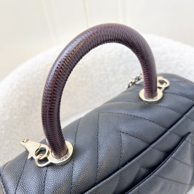 Chanel Small 24cm Coco Handle Flap with Burgundy Lizard-Embossed Calfskin Handle in Chevron Quilted Black Caviar and GHW