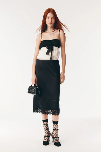 Chanel 25B Midi Skirt in Black Silk Satin and Lace (Model: P80409)