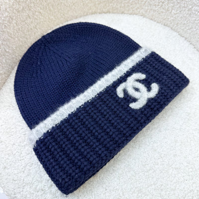 Chanel 23K Knitted Beanie in Blue / White Wool