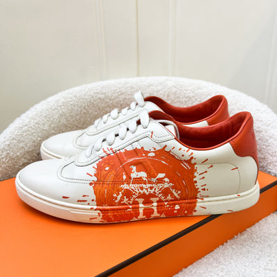 Hermes Quicker Sneakers in White and Orange Leather Sz 39