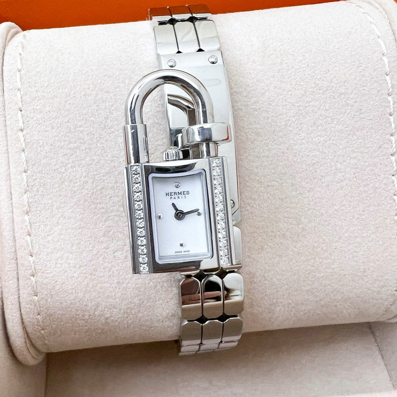 Hermes Mini Model Kelly Watch in Stainless Steel and Diamond-set Spangled White Dial (Model: W056306WW00)