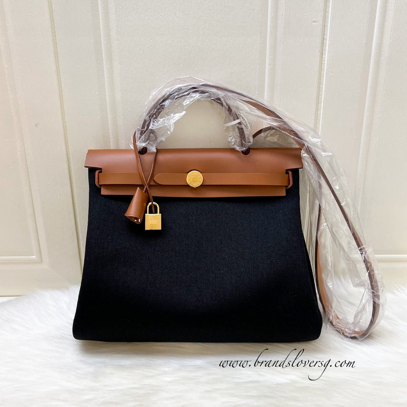 Hermes Herbag 31 Zip Retourne in Noir Black Canvas, Fauve Leather and GHW