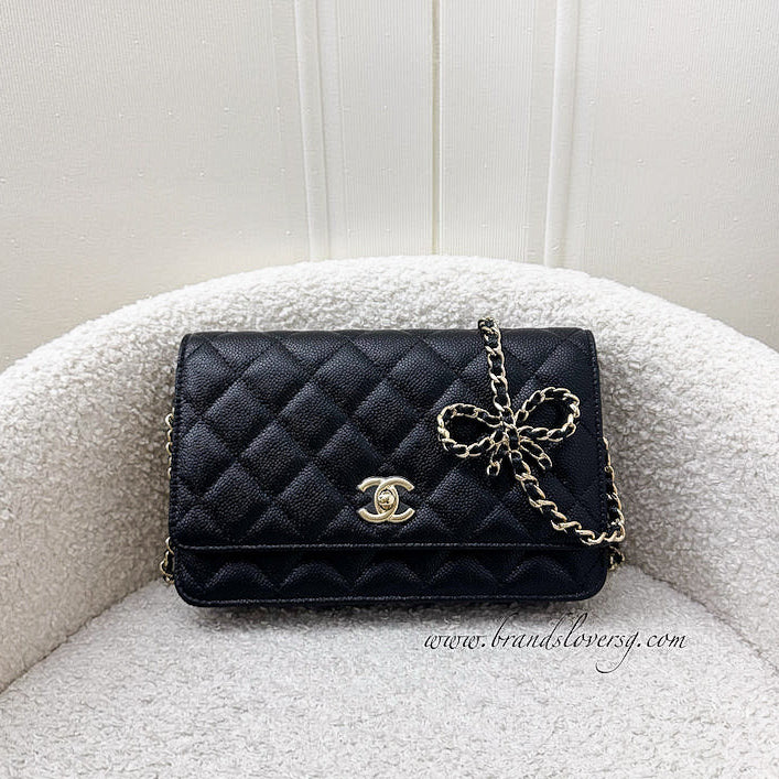 Chanel 23S Ribbon Chain Wallet on Chain WOC in Black Caviar LGHW