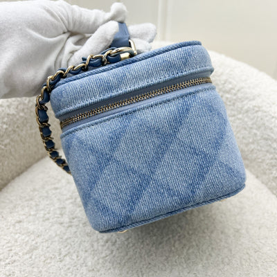 Chanel 22B Cheer for Chanel Vanity Case with Top Handle in Light Blue Denim Fabric and AGHW