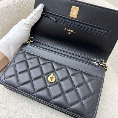 Chanel Pearl Crush Wallet on Chain WOC in 23K Black Stiff Lambskin and AGHW