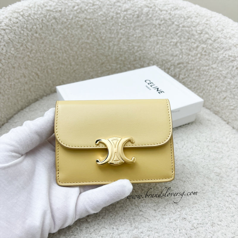 Celine Triomphe Card Holder in Light Yellow Calfskin and GHW