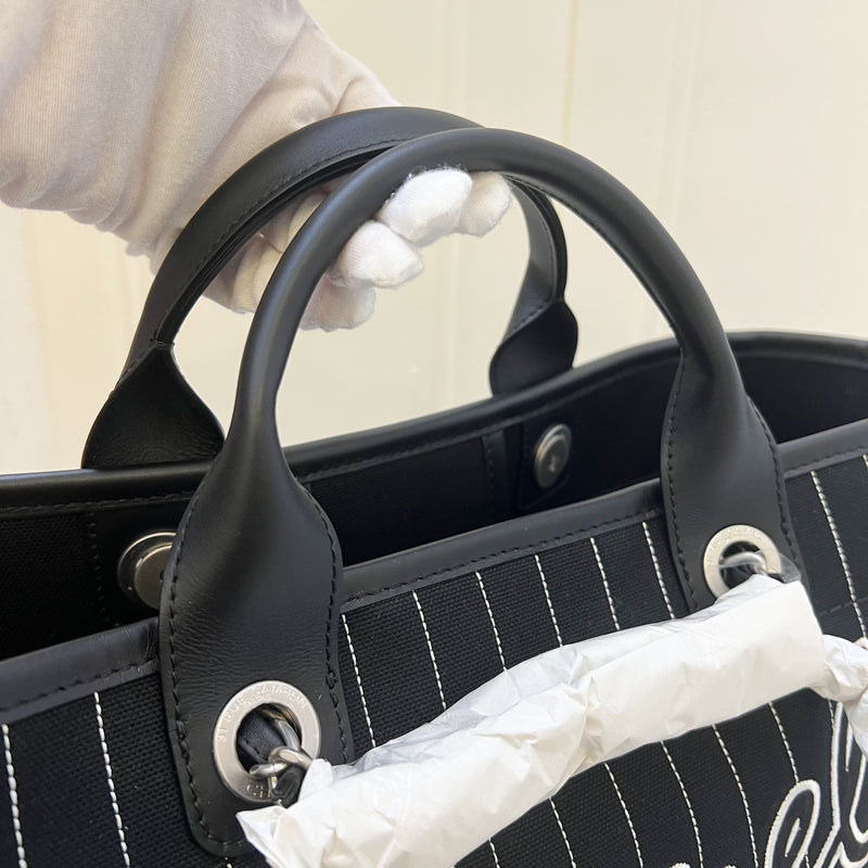 Chanel 23S Large Deauville Tote in Black and White Stripped Canvas and Matte SHW