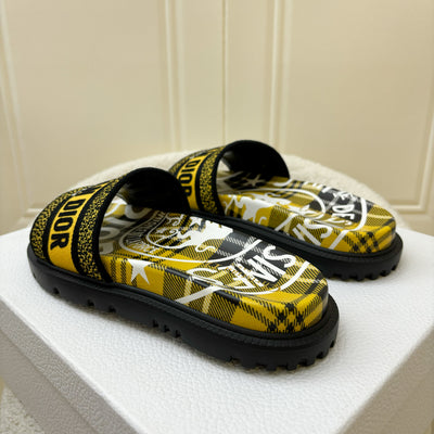 Dior Dway Pool Slides in Yellow / Black Embroidered Canvas Sz 36.5