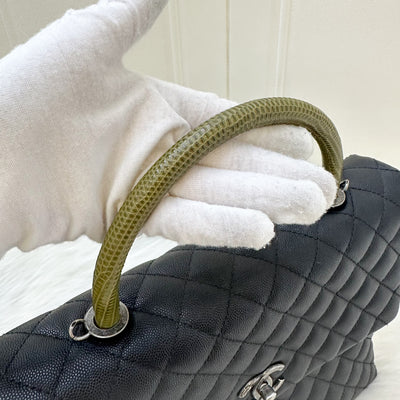 Chanel Large 32cm Coco Handle Flap with Green Lizard-Embossed Calfskin Handle in Black Caviar and RHW