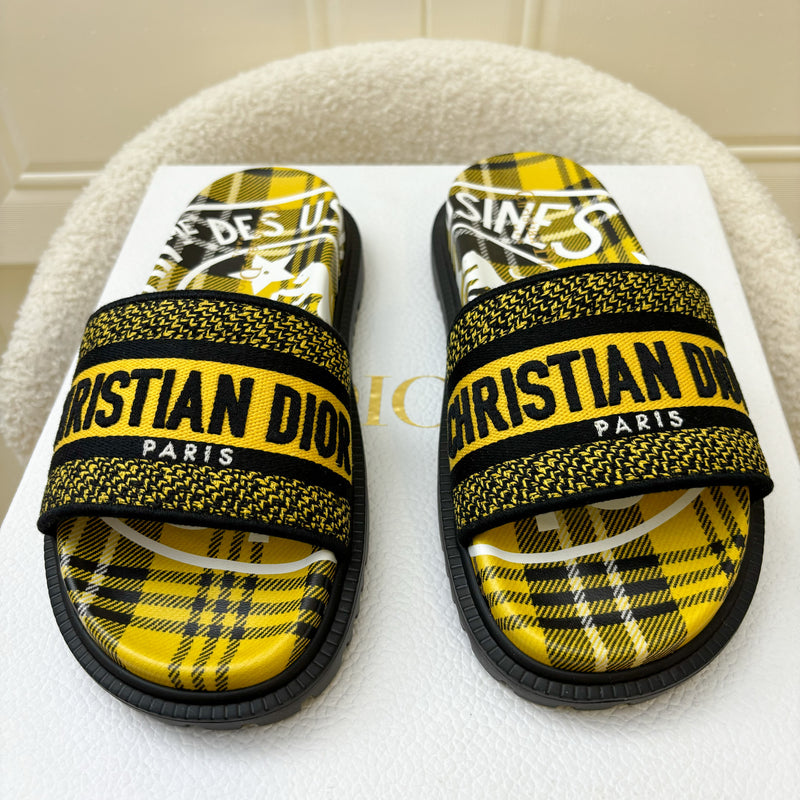 Dior Dway Pool Slides in Yellow / Black Embroidered Canvas Sz 36.5