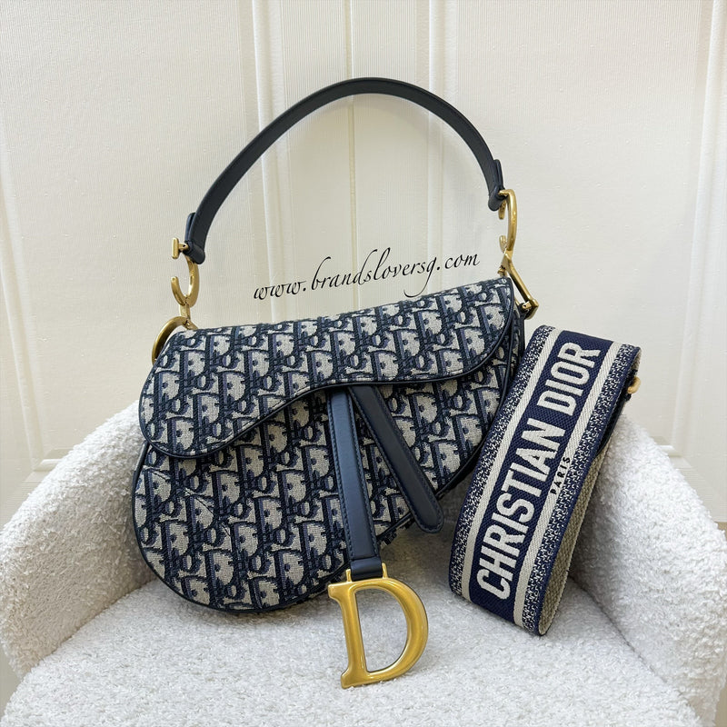 Dior Medium Saddle Bag in Dark Blue Navy Oblique Canvas and AGHW with Matching Guitar Strap (Model: M0455)