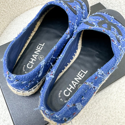 Chanel Espadrilles in Blue Tweed and Black Gosgrain Sz 37