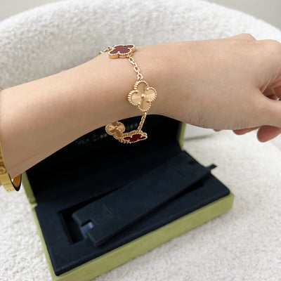 Van Cleef & Arpels VCA Vintage Alhambra 5 Motifs Guilloché Bracelet with Carnelian in 18K Rose Gold (Shortened, with Extra Links)