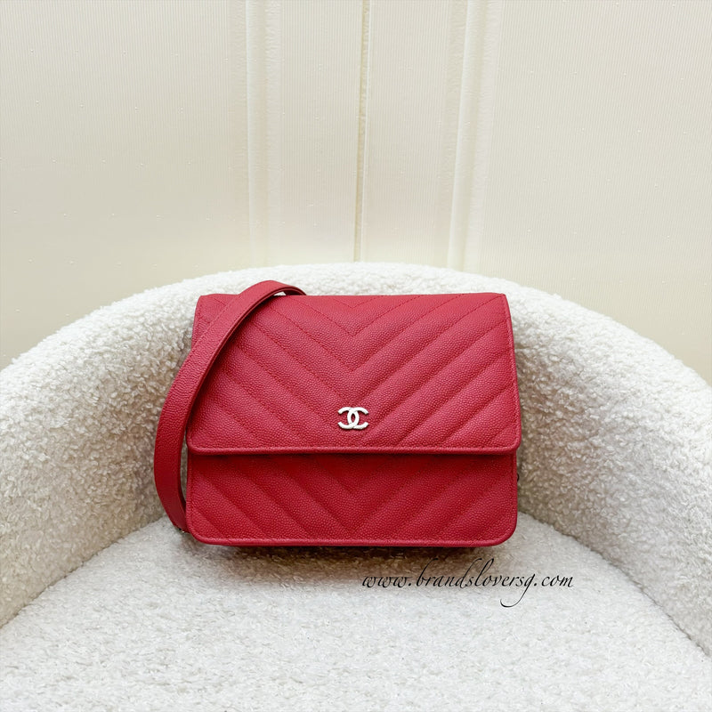 Chanel Square Wallet on Chain WOC in Chevron Raspberry Pink Caviar SHW