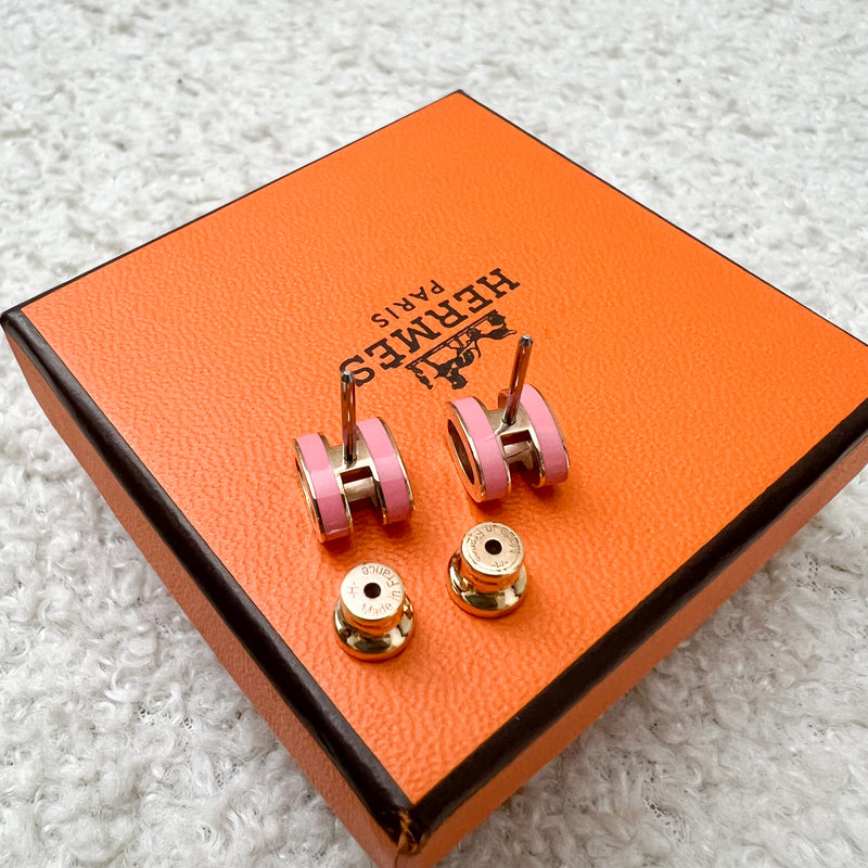 Hermes Mini Pop H Earrings in Rose Azalee Enamel and GHW