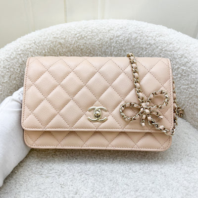 Chanel 23S Ribbon Chain Wallet on Chain WOC in Beige Caviar LGHW