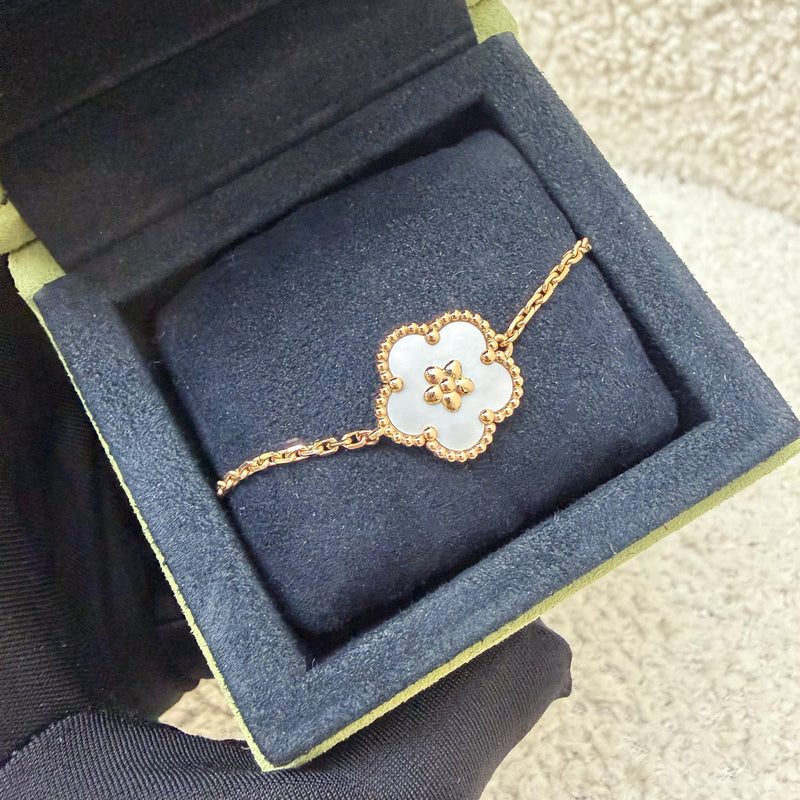 Van Cleef & Arpels VCA Lucky Spring Plum Blossom Bracelet with White Mother of Pearl MOP in 18K Rose Gold (Ref: VCARP9V900)
