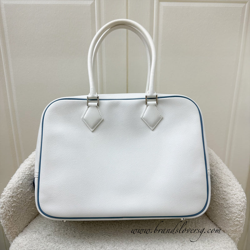 Hermes Vintage Plume 28 White Epsom Leather, Blue Trim and PHW