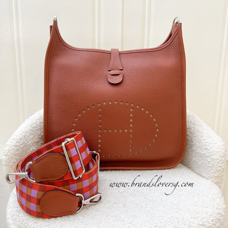 Hermes Evelyne 29 PM in Cuivre Clemence Leather, Capucine/Parme/Rouge Duchess Canvas Strap and PHW