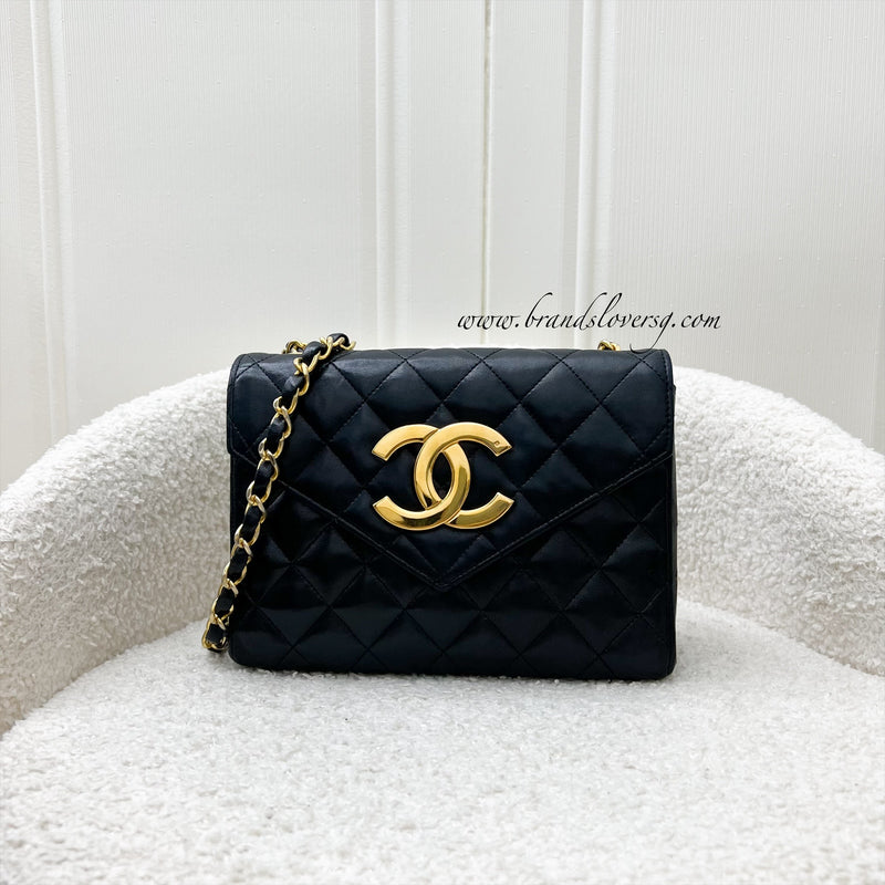 Chanel Vintage XL CC Logo Pushlock Mini Flap Bag in Black Lambskin and GHW