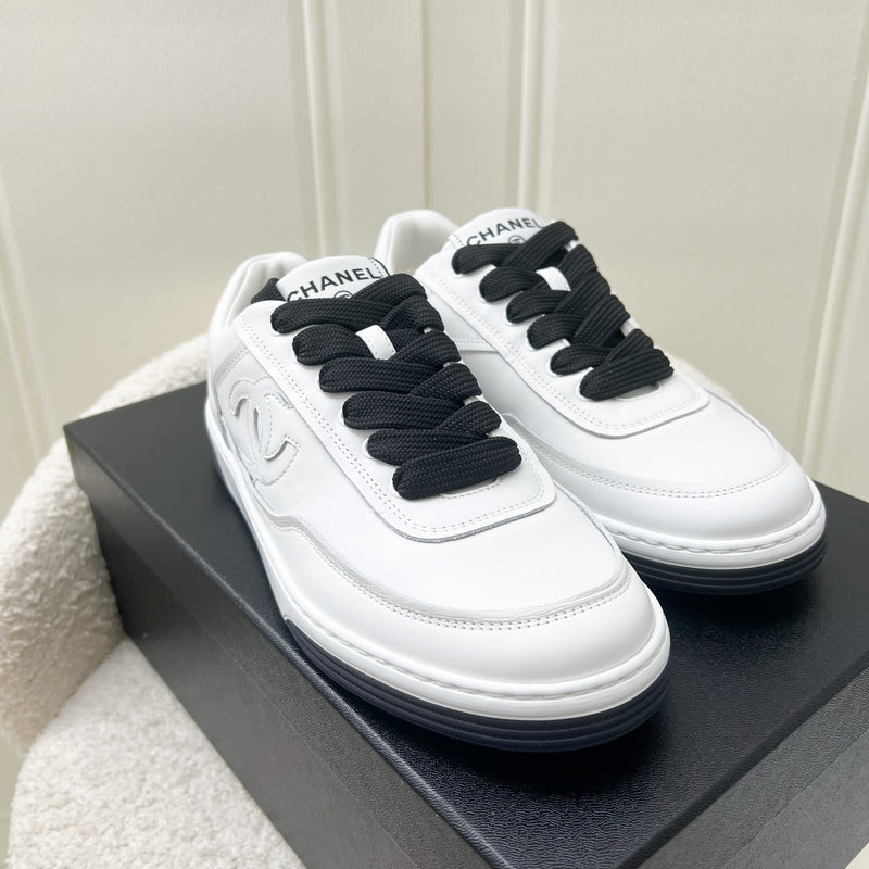 Chanel 24P CC Logo Black and White Sneakers in Calfskin Sz 37