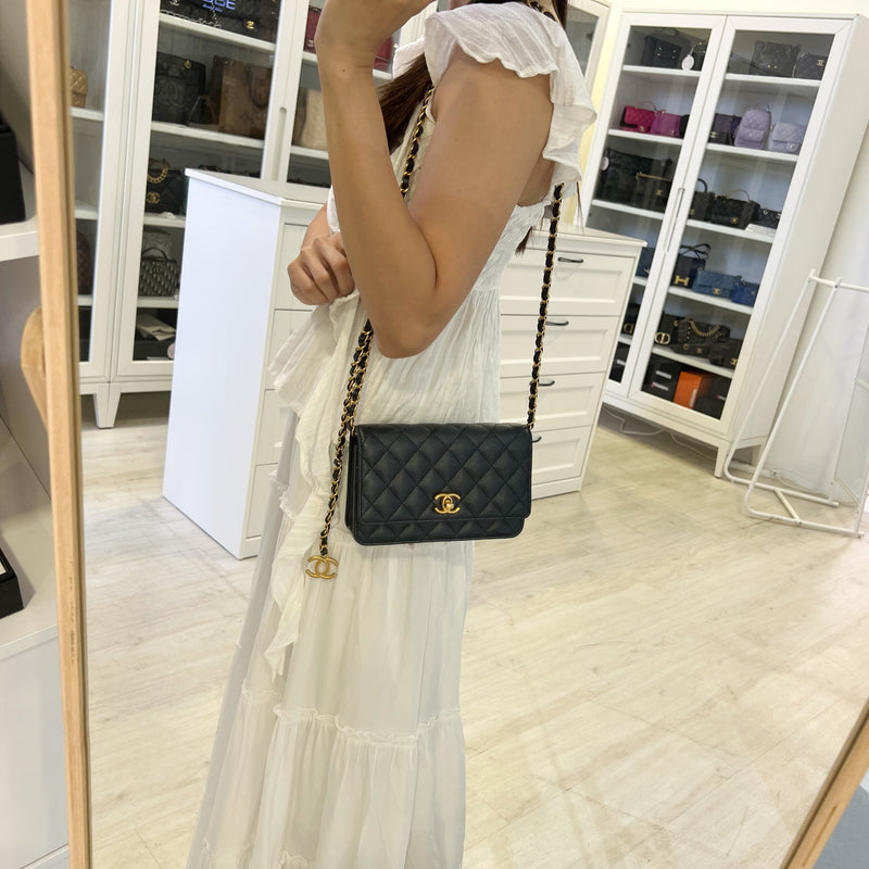 Chanel 23B Adjustable Chain Wallet On Chain WOC in Iridescent Black Caviar and AGHW (AP3479)