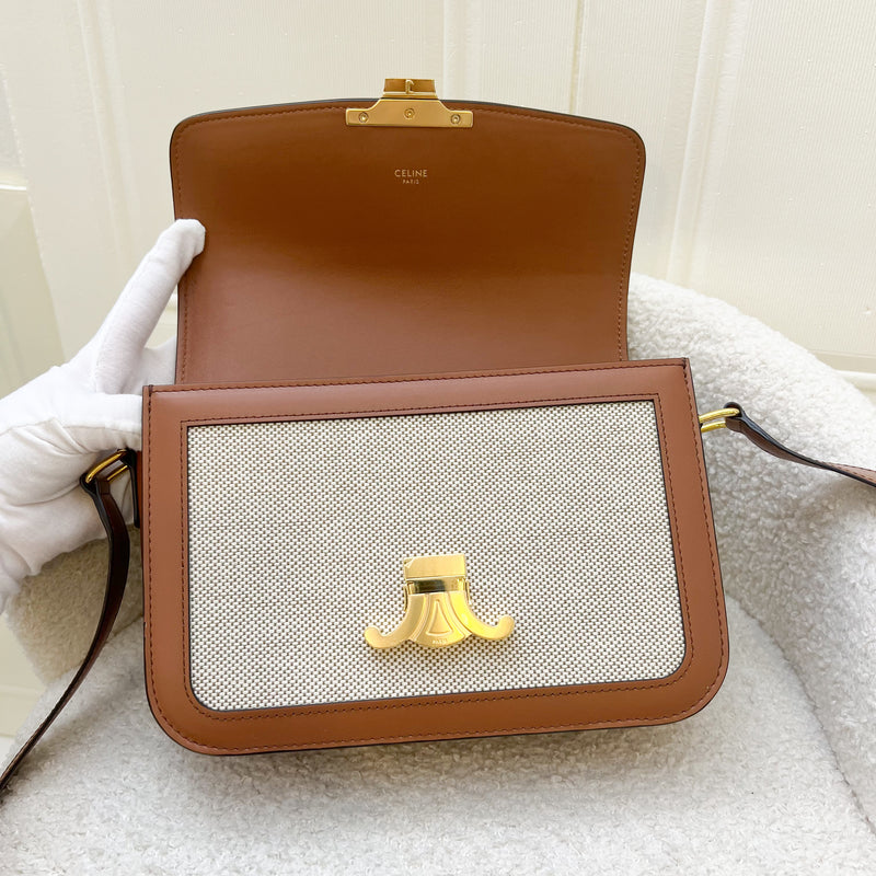 Celine Classique Triomphe Bag in Natural Textile and Tan Calfskin and GHW