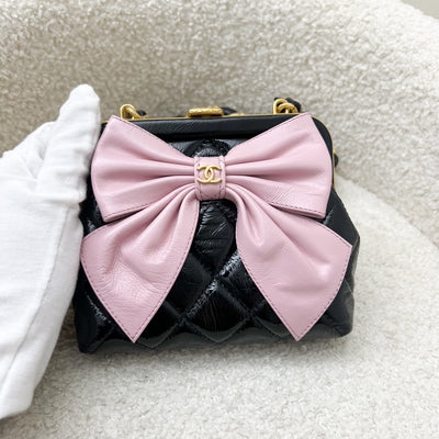 Chanel 24A Ribbon Clutch with Chain in Black Patent Crumpled Lambskin, Pink Shiny Lambskin and AGHW