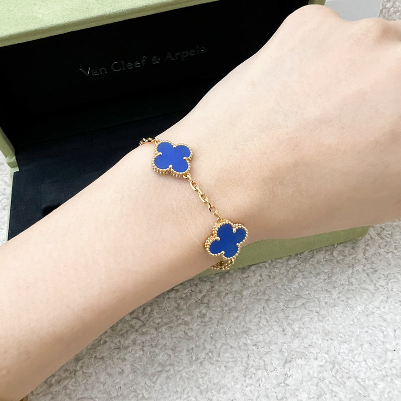 Van Cleef & Arpels VCA Vintage Alhambra 5 Motifs Bracelet with Blue Agate in 18K Yellow Gold