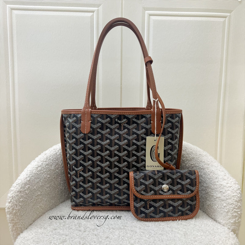 Goyard Mini Anjou Tote Bag in Black Goyardine Canvas with Camel Trim