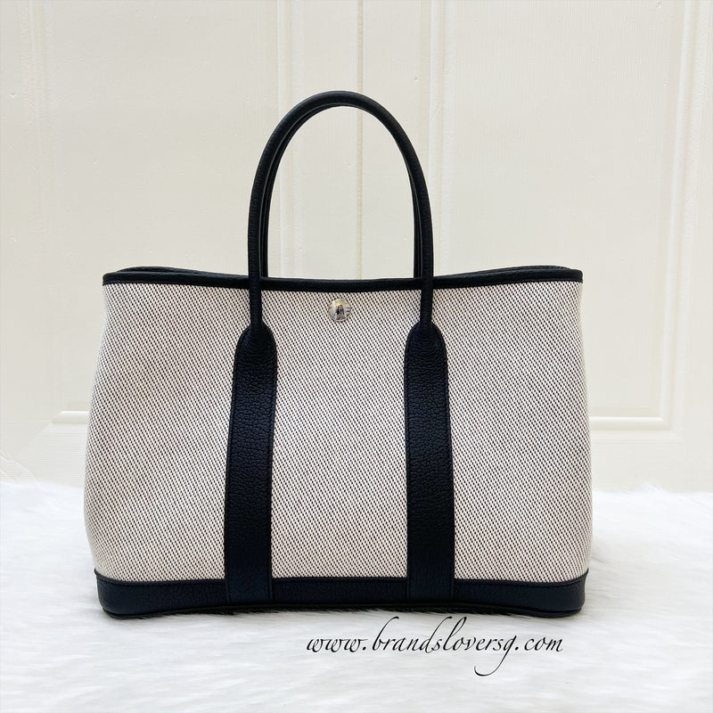 Hermes Garden Party 30 in Black Negonda Leather and Ecru Canvas, Cassis Interior and PHW