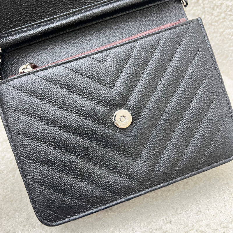 Chanel Square Wallet on Chain WOC in Chevron Quilted Black Caviar and LGHW