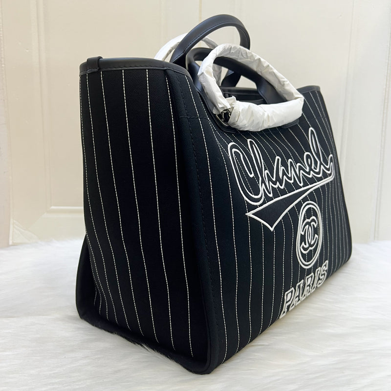 Chanel 23S Large Deauville Tote in Black and White Stripped Canvas and Matte SHW