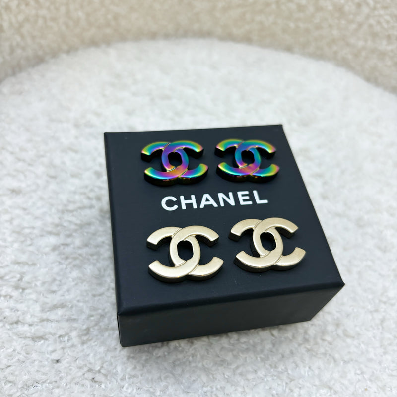 Chanel 18C CC Double Changeable Classic Logo Earrings in LGHW and Rainbow HW