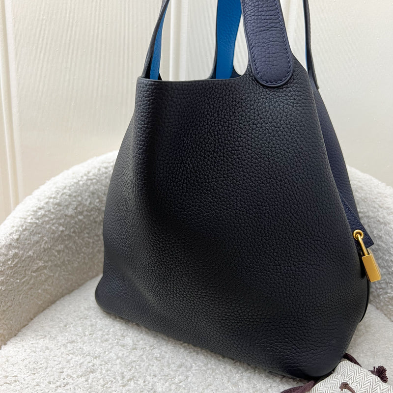 Hermes Picotin 22 in Bicolor Black / Bleu Nuit Clemence Leather, Bleu Frida Inner Handles and GHW