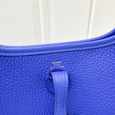 Hermes Mini Evelyne 16 in Bleu Royal Clemence Leather, Canvas Strap and GHW