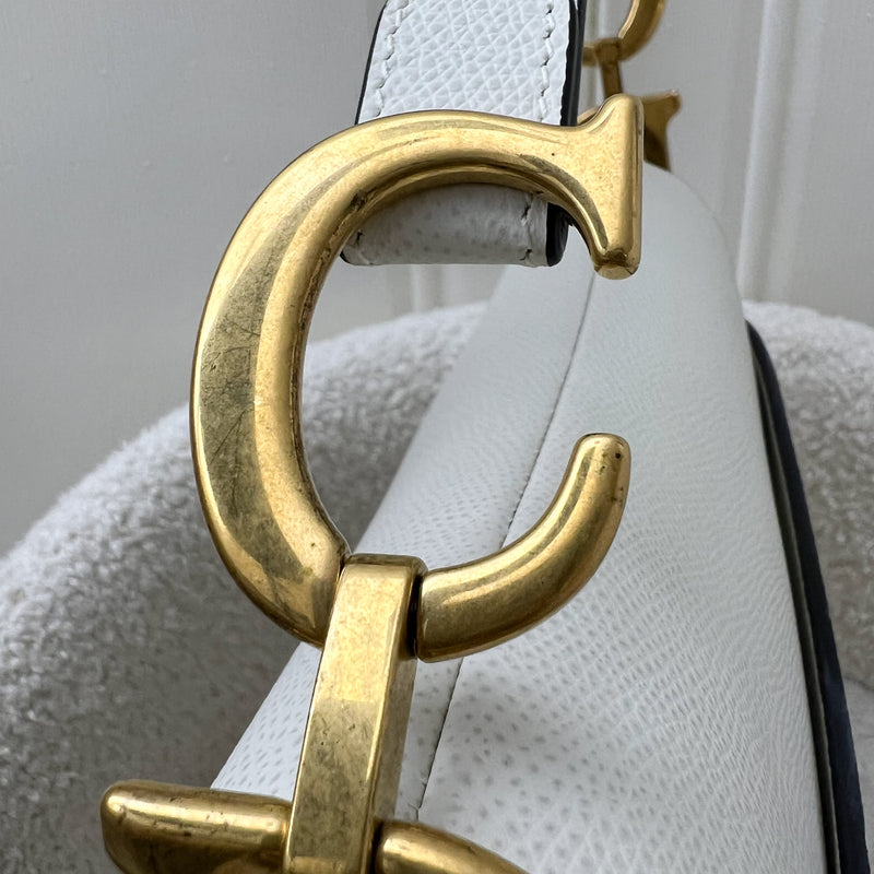 Dior Medium Saddle Bag in White Grained Calfskin and AGHW + Guitar Strap