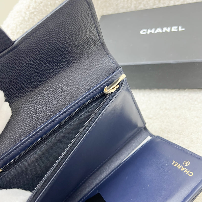 Chanel Classic Medium Trifold Wallet in Navy Caviar and LGHW