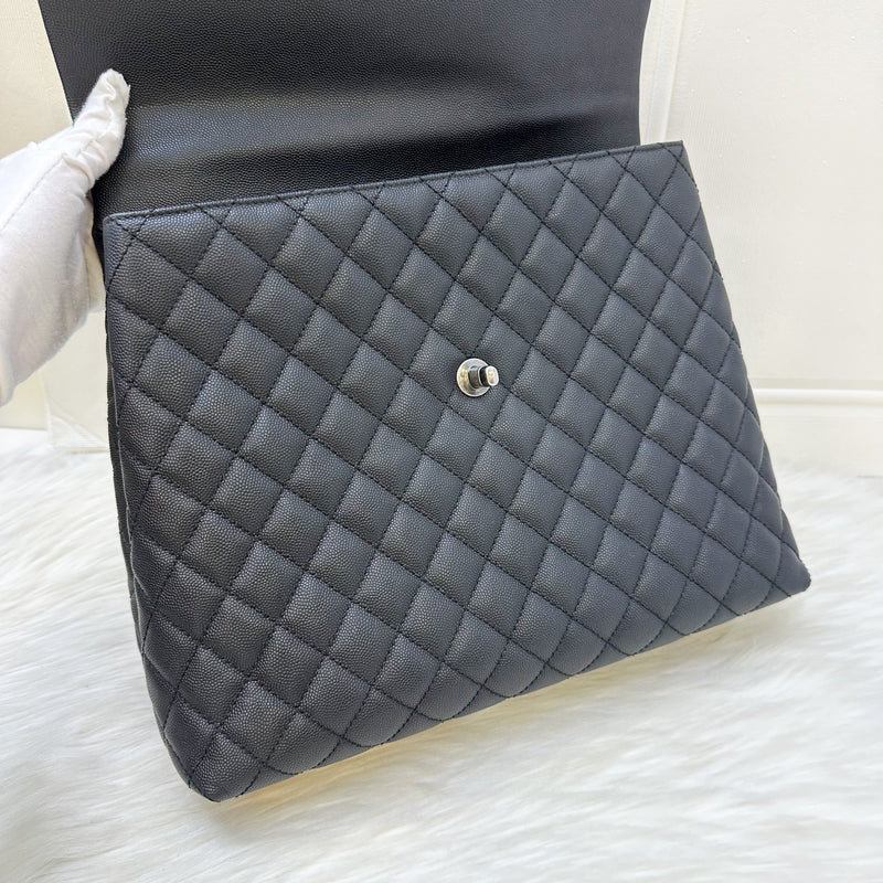 Chanel Large 32cm Coco Handle Flap with Green Lizard-Embossed Calfskin Handle in Black Caviar and RHW