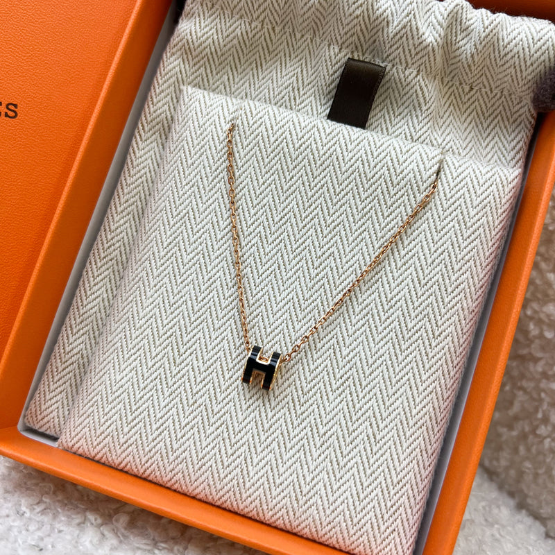 Hermes Mini Pop H Pendant Necklace in Noir Black Enamel RGHW