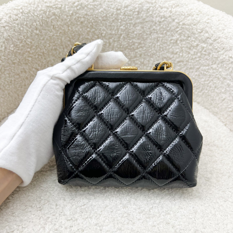 Chanel 24A Ribbon Clutch with Chain in Black Patent Crumpled Lambskin, Pink Shiny Lambskin and AGHW