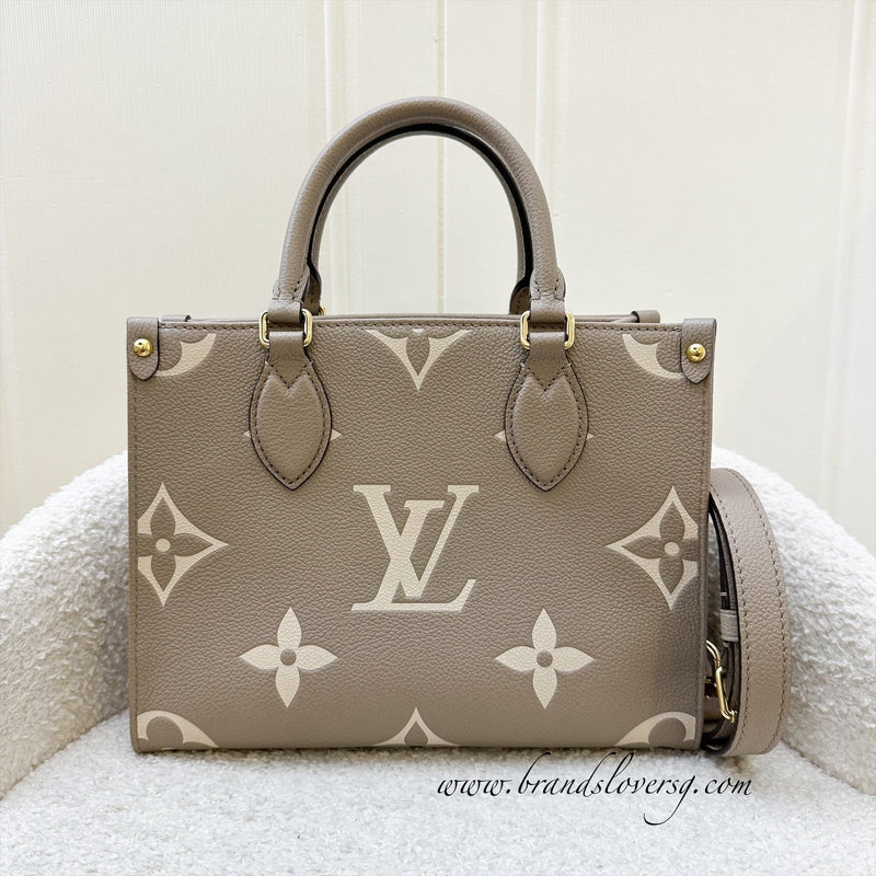 LV Onthego PM in Tourterelle (Grey) / Creme Giant Monogram Empreinte Leather and GHW