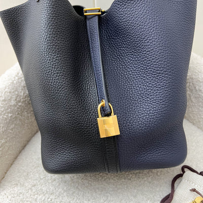 Hermes Picotin 22 in Bicolor Black / Bleu Nuit Clemence Leather, Bleu Frida Inner Handles and GHW