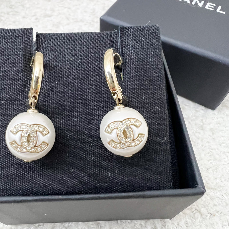 Chanel 22S Pearl with Crystals Studded CC Logo Earrings in LGHW