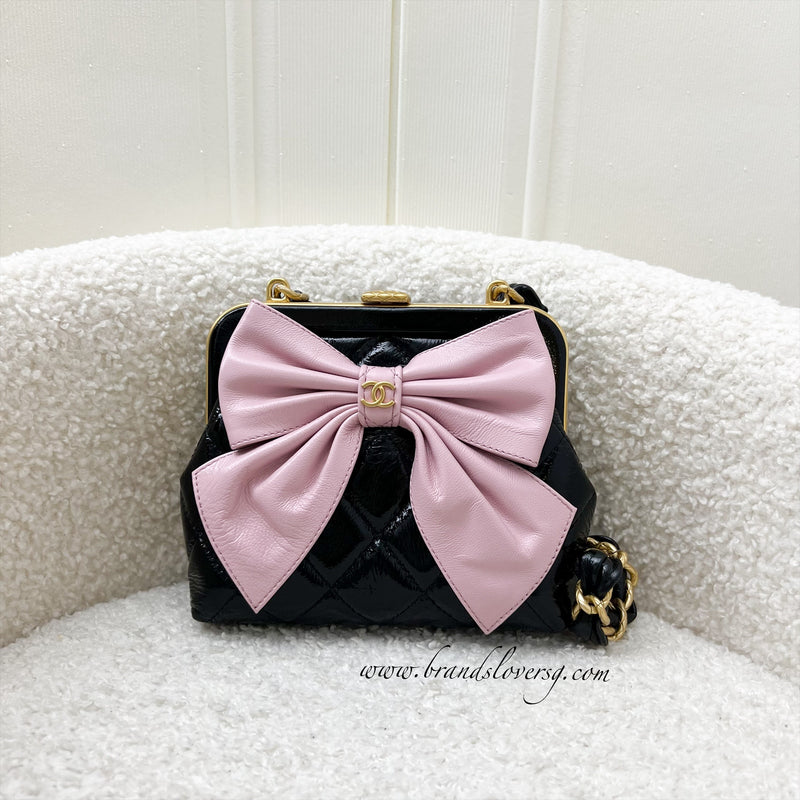 Chanel 24A Ribbon Clutch with Chain in Black Patent Crumpled Lambskin, Pink Shiny Lambskin and AGHW