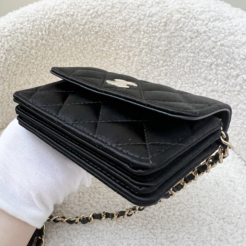 Chanel 23K Micro Clutch / Card Holder on Chain in Black Satin and LGHW